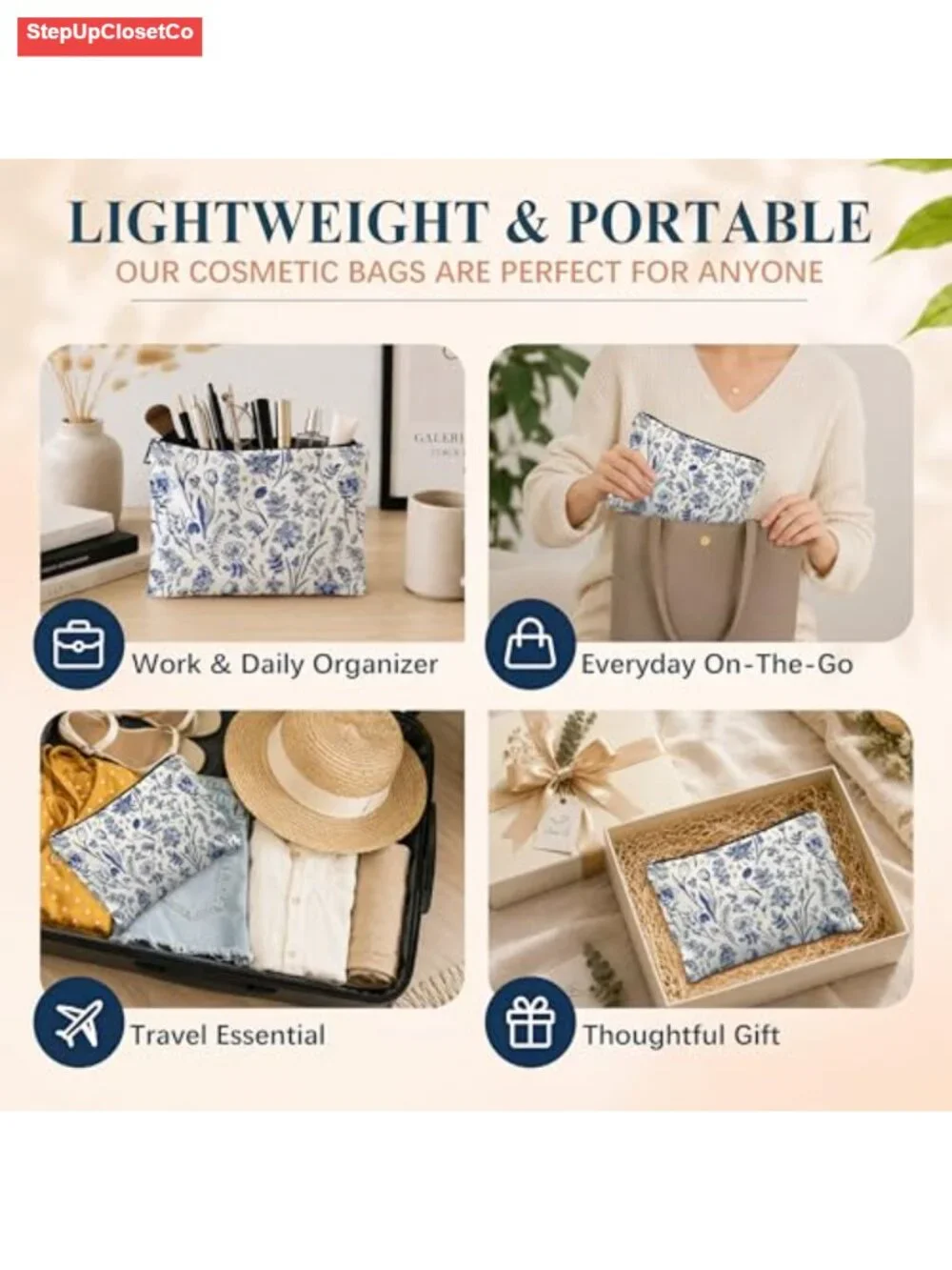 Linen Cosmetic Bag with Zipper - Floral Makeup Organizer for Women